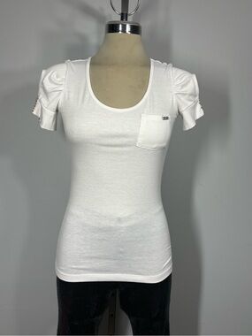 Guess White Scoop Neck Short Sleeve Pocket Tee